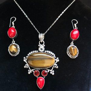 Italian Tiger Eye- Red Coral- Red Garnet- 925 Stamped Necklace + Earrings